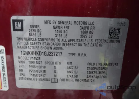 2016 Chevrolet Traverse 2Lt from USA, damaged, VIN 1GNKVHKD1GJ227217